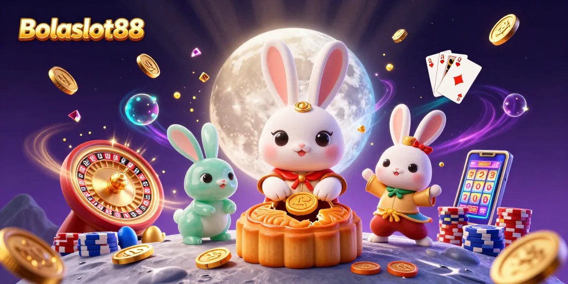 Bolaslot88 3D illustration showcases a moon rabbit and jade companion amidst flying casino elements.