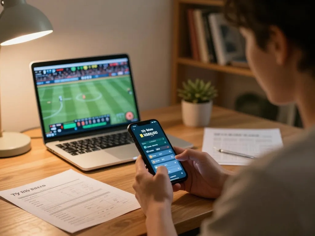 Tỷ lệ kèo nhà cái displayed on smartphone while engaging in sports betting at home.