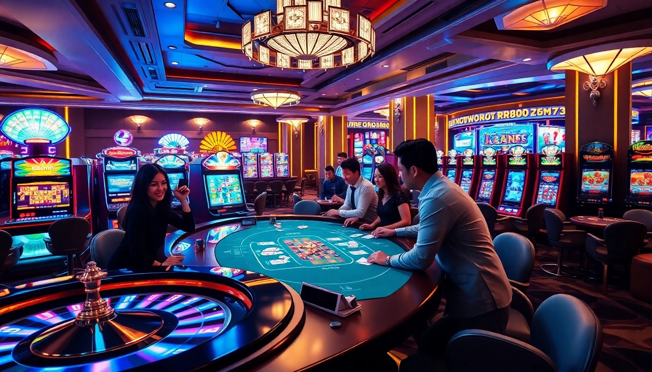 Play rr88 game at a luxurious casino table featuring vibrant roulette and slot machines.