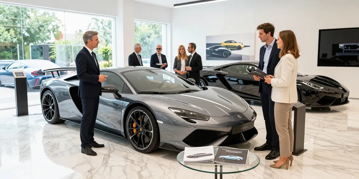 Pengalaman LUXURY 777 di showroom mobil mewah dengan pelanggan terpesona.