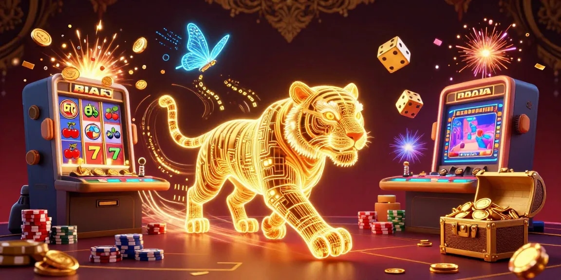 Experience ดูหนัง in an explosive digital gambling world, where the golden tiger rules amidst vibrant slot machines.