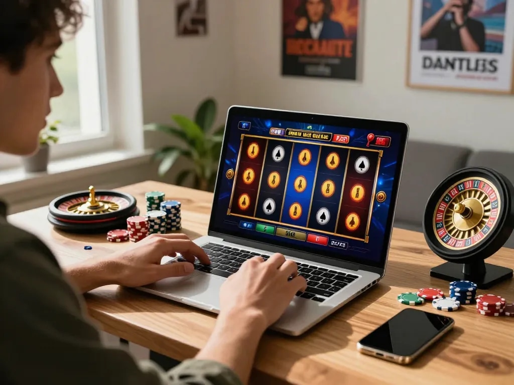Player experiencing excitement while engaging in the ondel4d online slots game on a laptop.