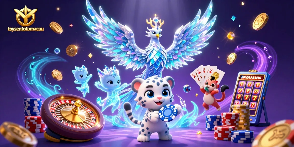 Permainan seru taysentotomacau dengan karakter unik, chip poker, dan koin berkilau.