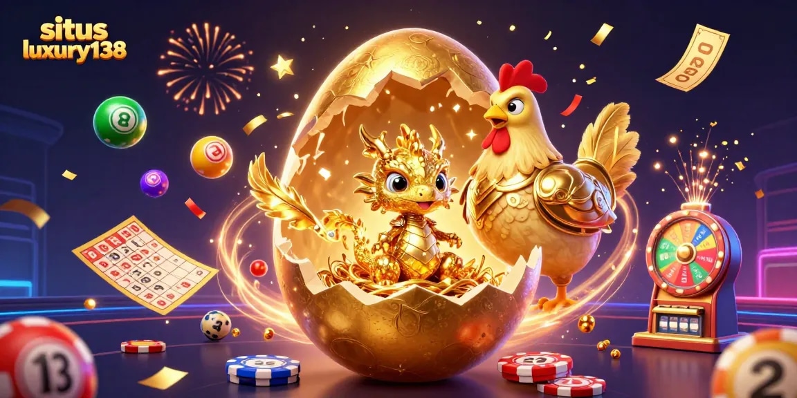 Engage with situs luxury138's dynamic gaming scene featuring a golden dragon guarding poker chips amidst lottery excitement.