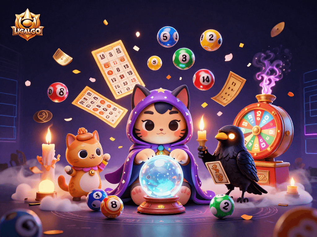LIGALGO fortune teller cat and tarot raven amid vibrant lottery elements creating a winning atmosphere.