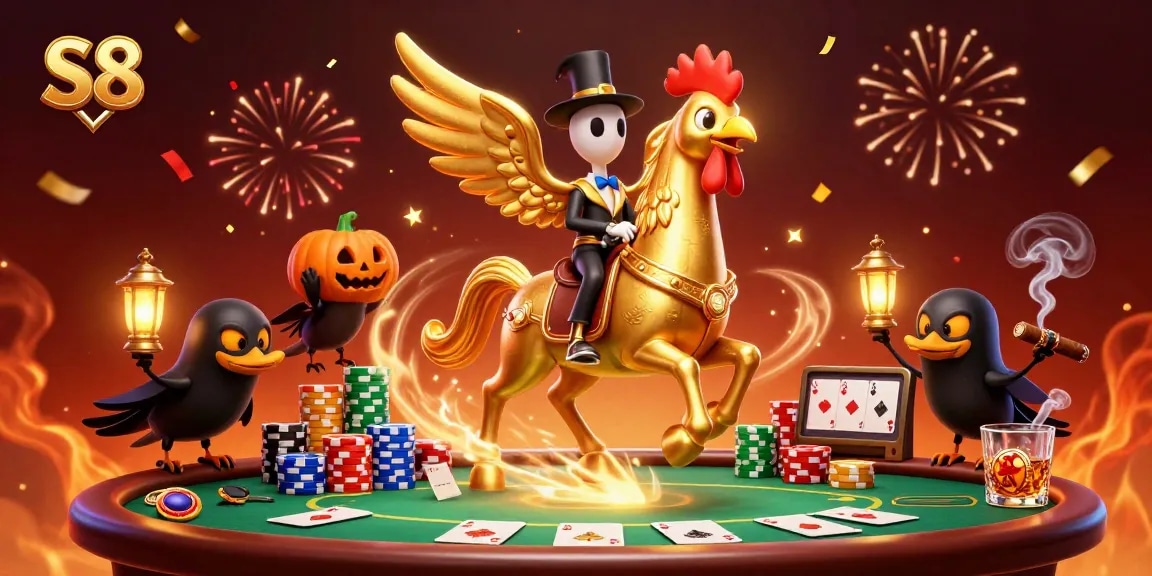 S8 gamblers celebrating a thrilling casino win in a vibrant illustration with poker elements and festive atmosphere.