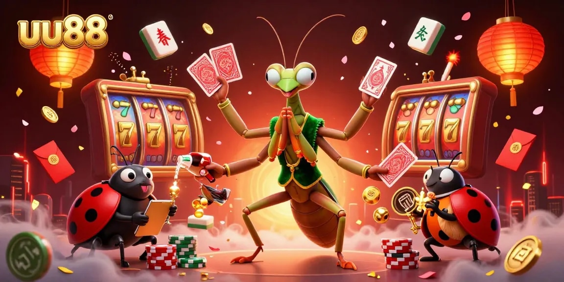uu88 offers a thrilling casino experience with dynamic characters, slot reels, and festive decorations.