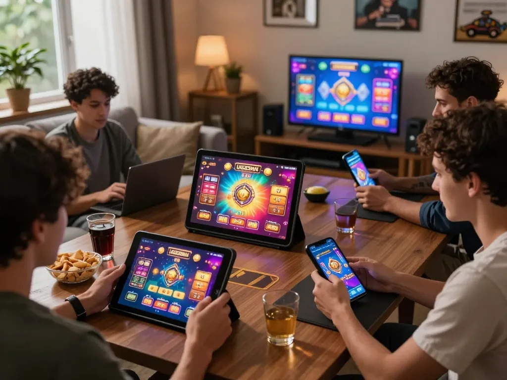 Players enjoying UGDEWA online casino gaming in a cozy home setting with vibrant interfaces.