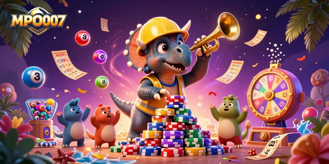 MPO007 celebrates with vibrant, dynamic casino elements, showcasing a fun and engaging gambling scene.