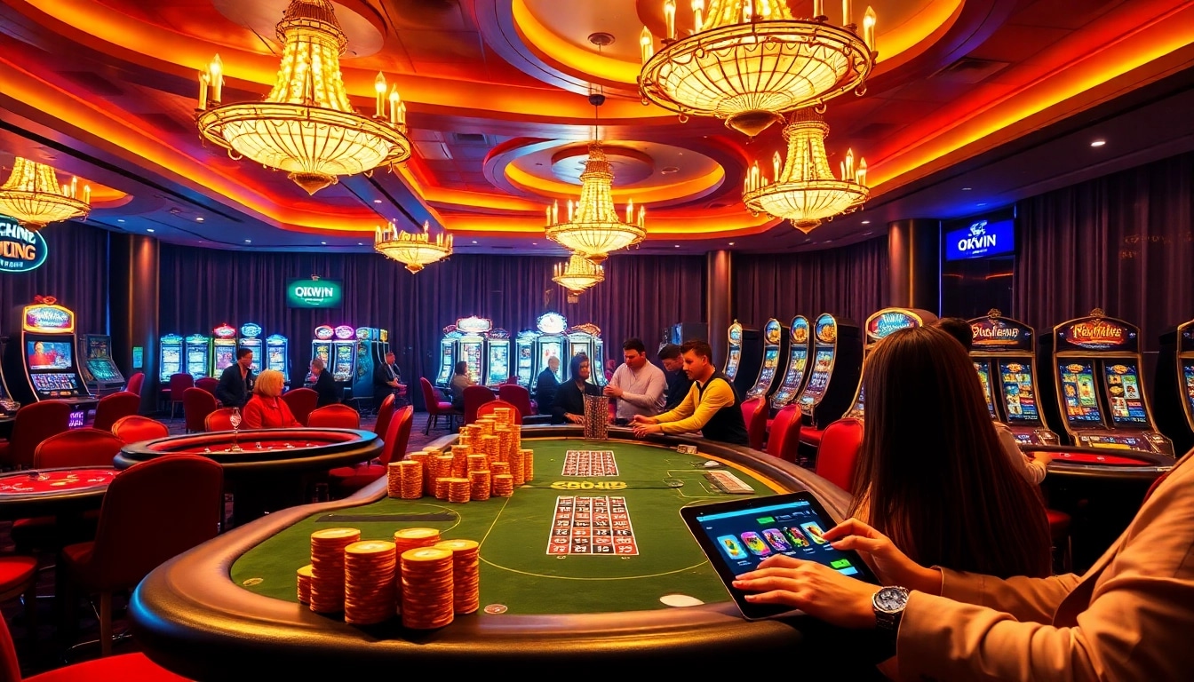 Exciting gameplay at okwin casino with vibrant poker tables, roulette, and slot machines.