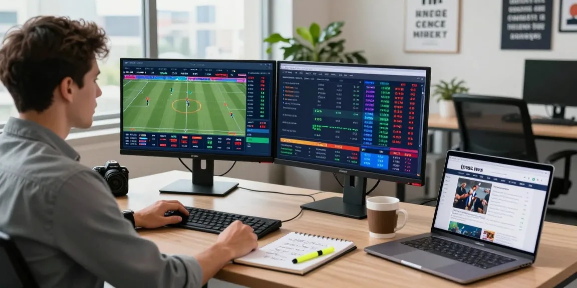 Soi kèo nhà cái analysis in a modern workspace with analysts reviewing live sports betting statistics and insights.