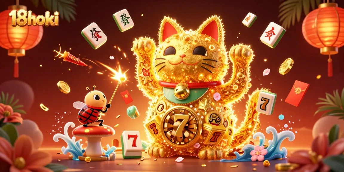 Win big today at 18hoki with vibrant casino-themed illustrations featuring a lucky cat and festive elements.