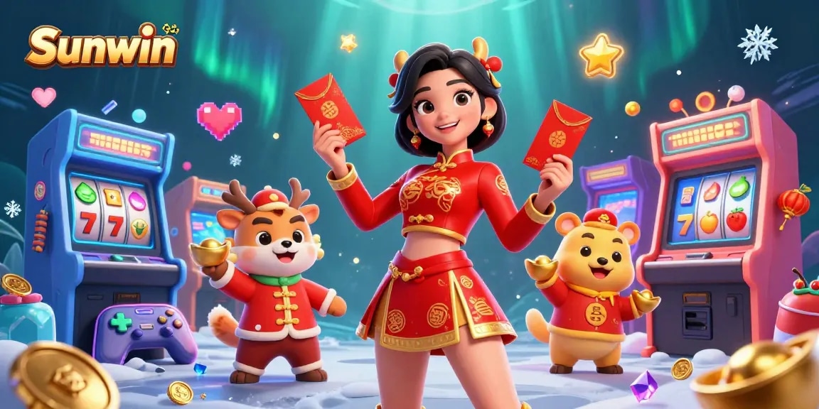 Engage with Sunwin's vibrant casino adventure featuring Asian-themed characters and colorful gaming elements.