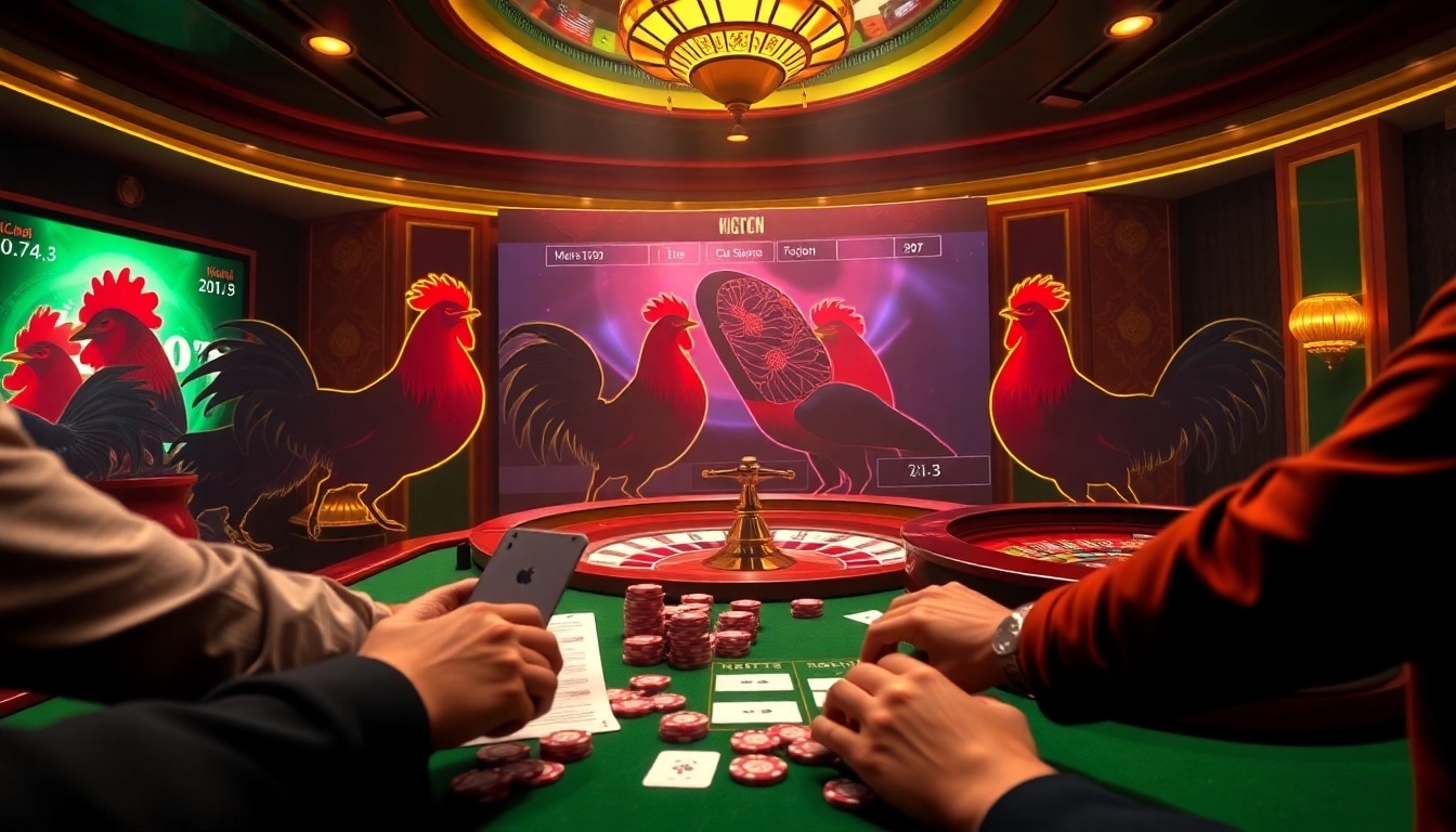 Live betting action at đá gà thomo 67, showcasing intense rooster fights in a luxury casino setting.