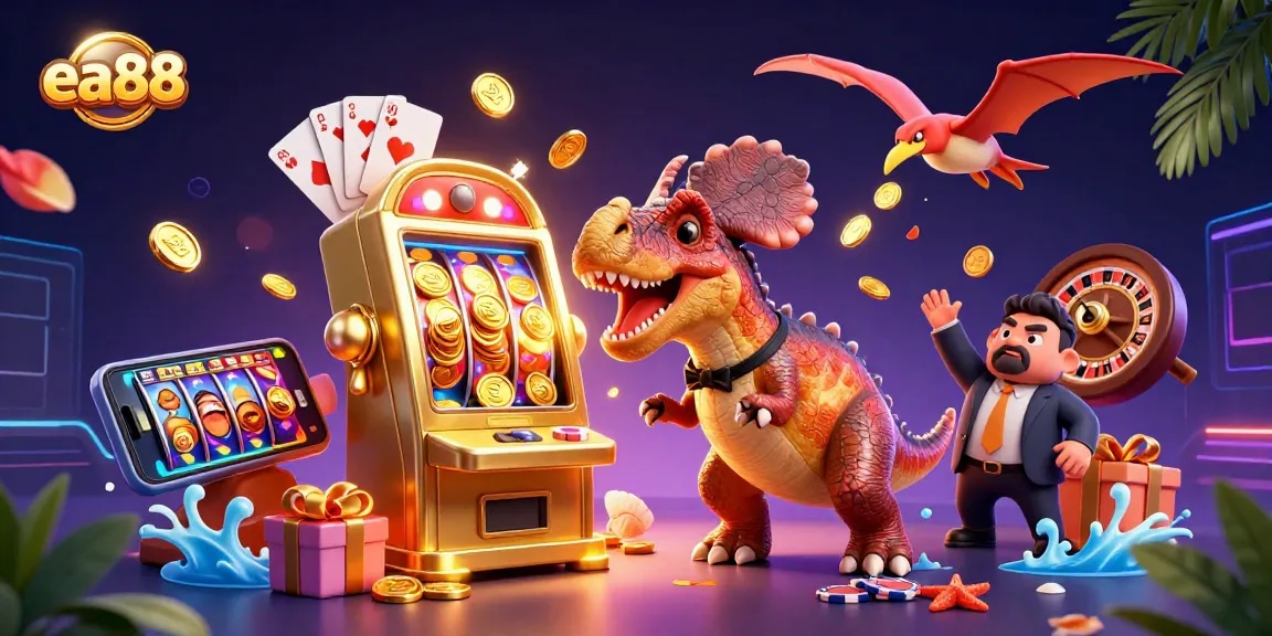 ea88 players enjoying big wins with animated dinosaur and slot machine at vibrant casino scene
