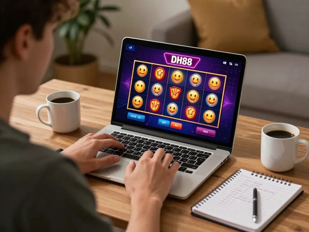 Player explores thrilling DH88 online casino slots strategy in a cozy home setting.
