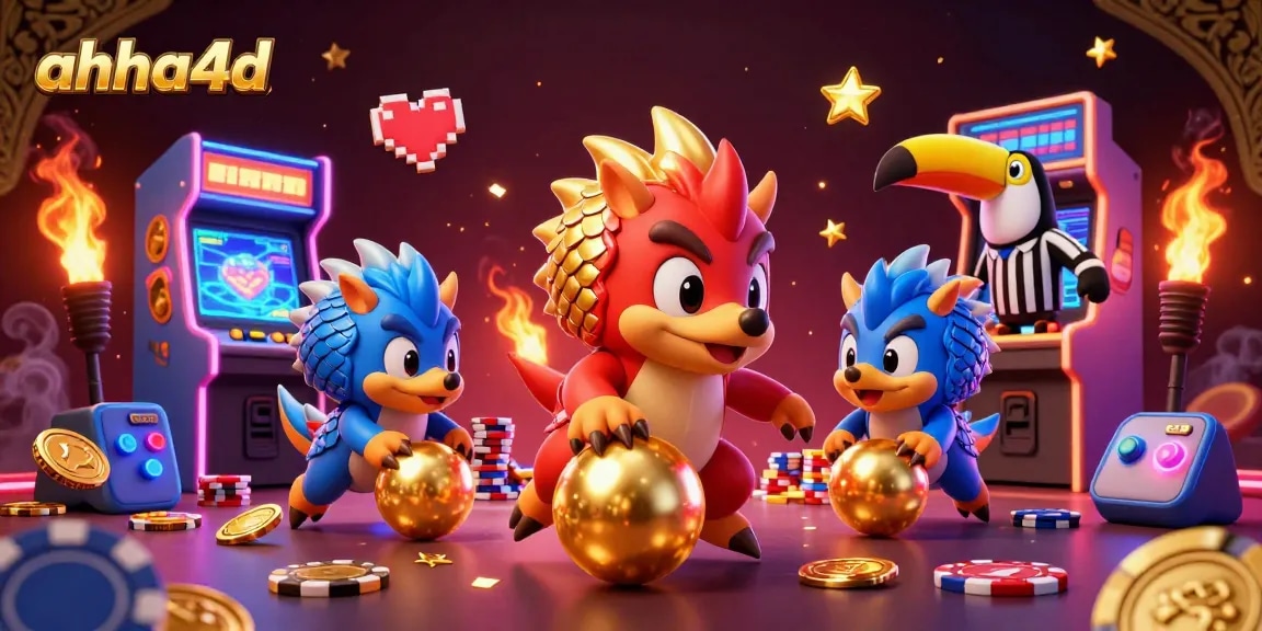 Engage with ahha4d as pangolins bowl golden balls through poker chips in an exciting gaming scene.