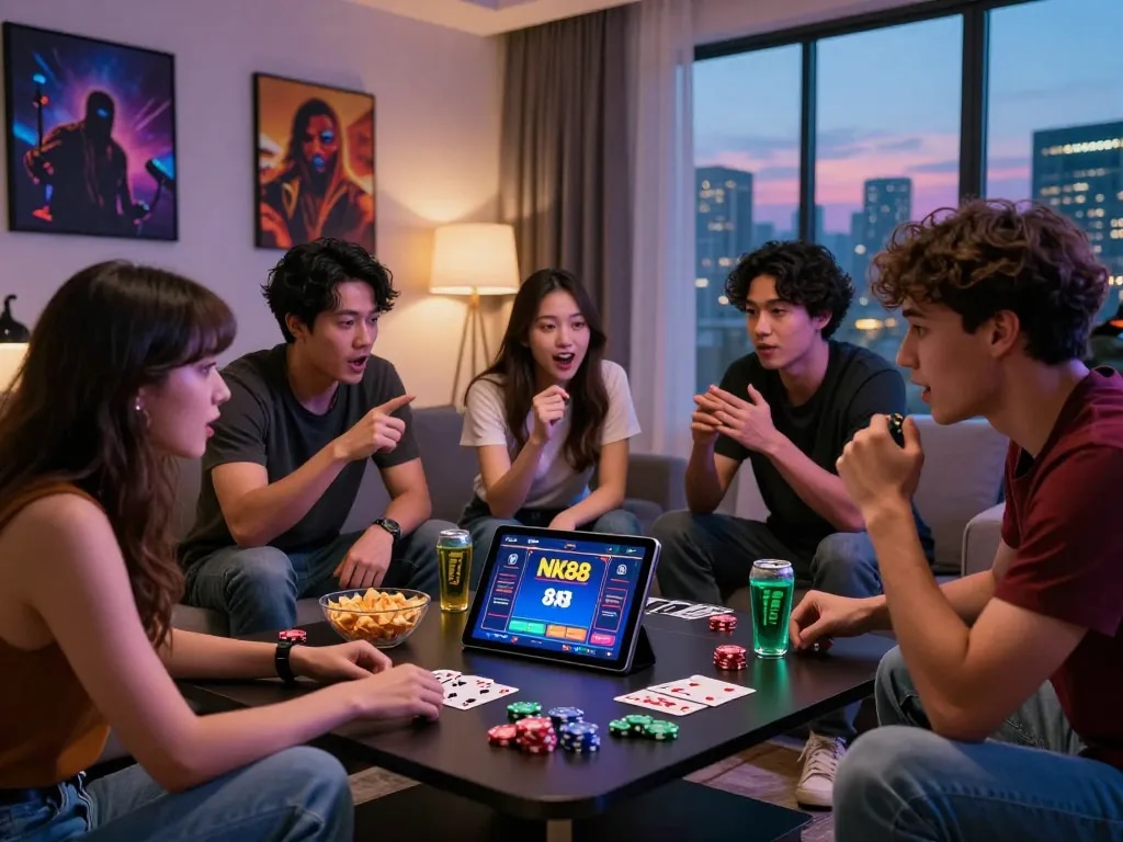 Group of friends enjoying the excitement of the NK88 link in a modern gambling setting with tablet, cards, and city view.