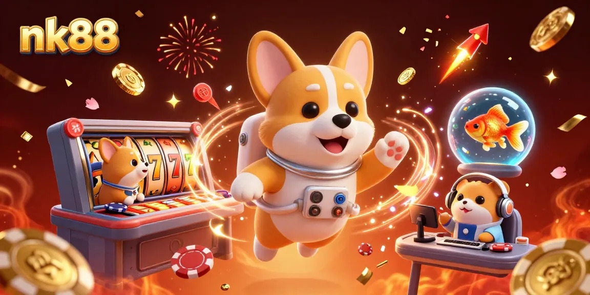 Experience exciting gaming with nk88 in a vibrant, dynamic casino scene featuring a corgi and friends.