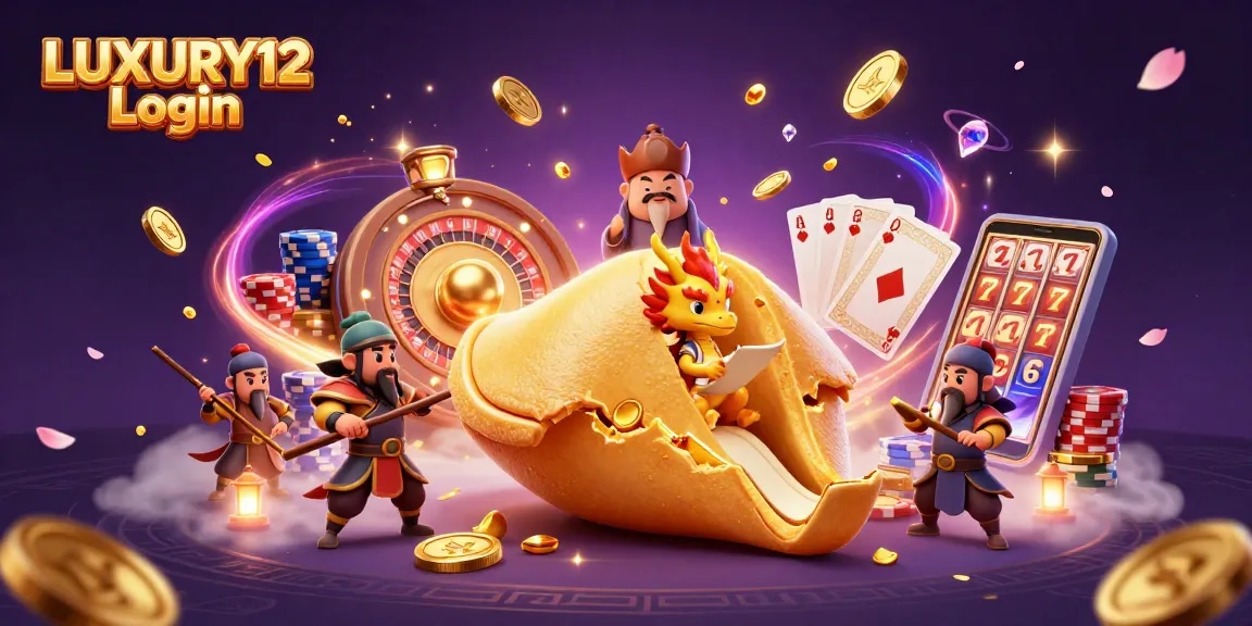 LUXURY12 Login with a dynamic casino atmosphere featuring golden coins, a teapot sage, and lucky symbols.