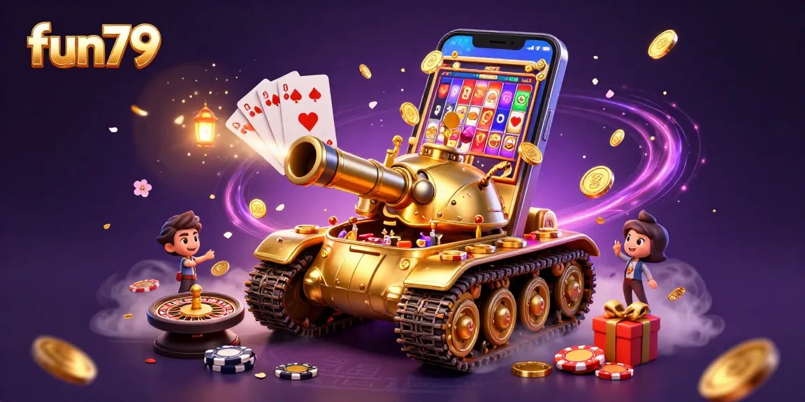 Experience fun79's vibrant mini-casino within a golden beetle tank, bursting with games and excitement.