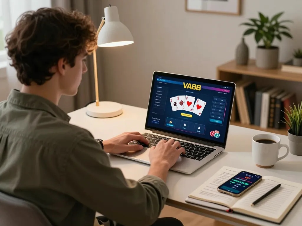 Player engaging in online gambling on VA88, showcasing a dynamic poker game on a laptop in a cozy home setting.