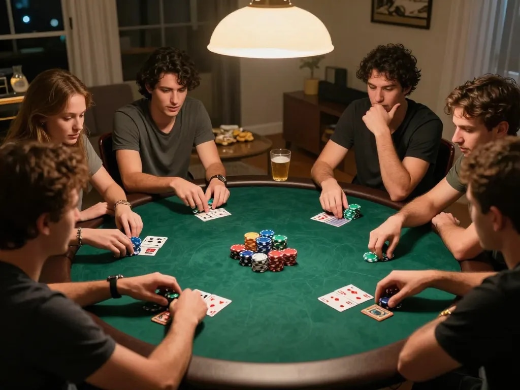 Experience thrilling poker action with friends at 98win's casual game night setting.