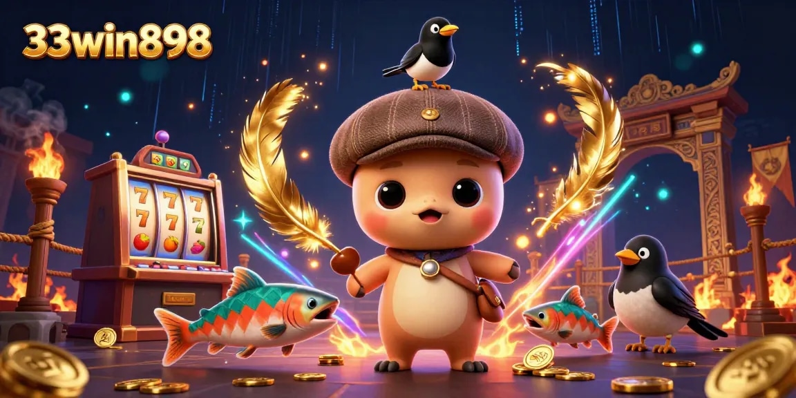 Play slots and win big with 33win898, featuring a fun 3D Pixar-style illustration.