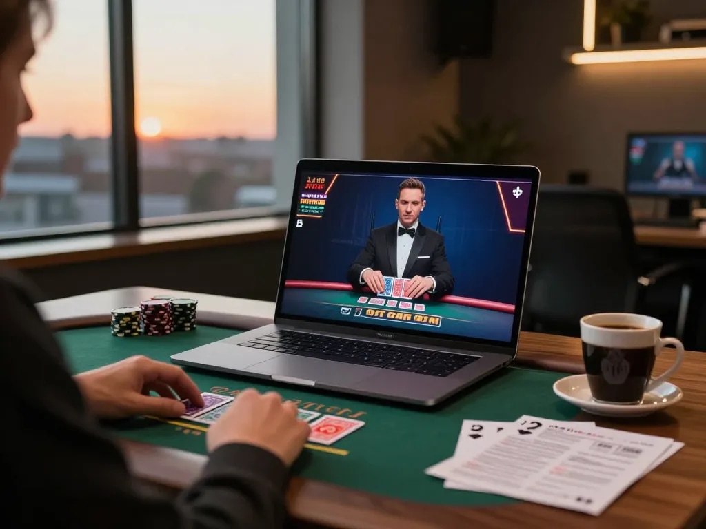Engaging in live dealer blackjack at LGOGOAL online gaming platform with warm ambient lighting.