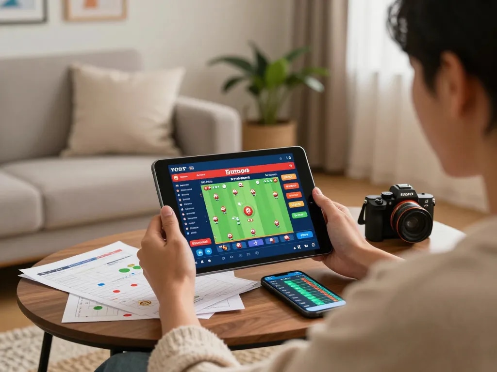 Engaging in togel singapore online, a player analyzes data on a tablet in a cozy living room.