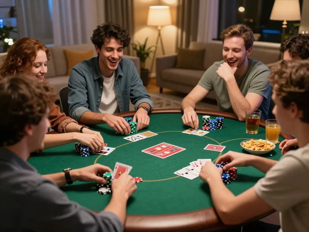 People enjoying a poker game at home while exploring https://vu88.art/ for online betting options.