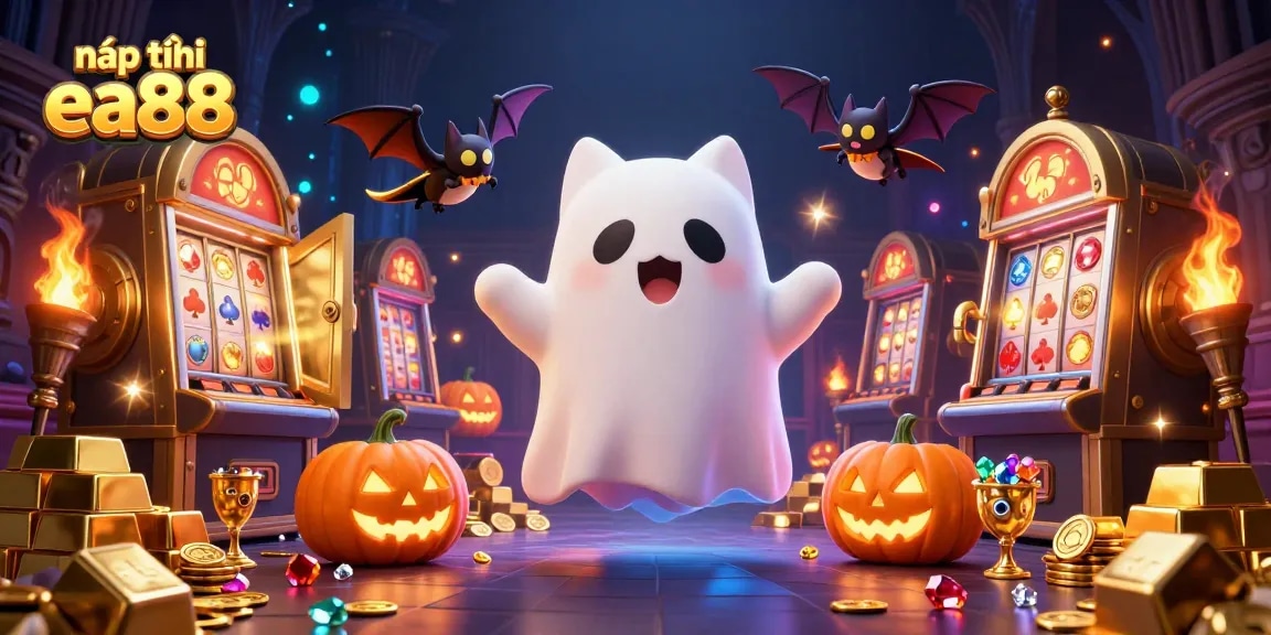 Engage in thrilling nạp tiền ea88 moments with a ghost cat and bat in a glowing casino
