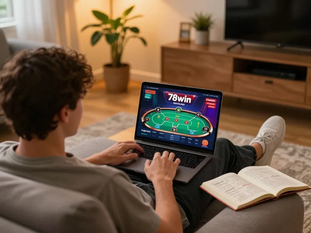 Playing exciting poker on the 78win app while enjoying a cozy home setup.