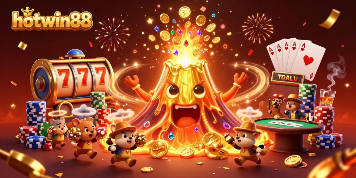 Experience the excitement of hotwin88 with a dynamic treasure eruption scene showcasing vibrant casino elements.