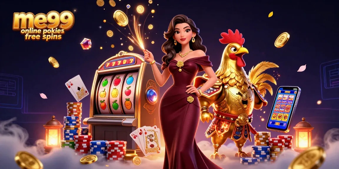 Experience me99 online pokies free spins with glamorous characters and vibrant casino elements.