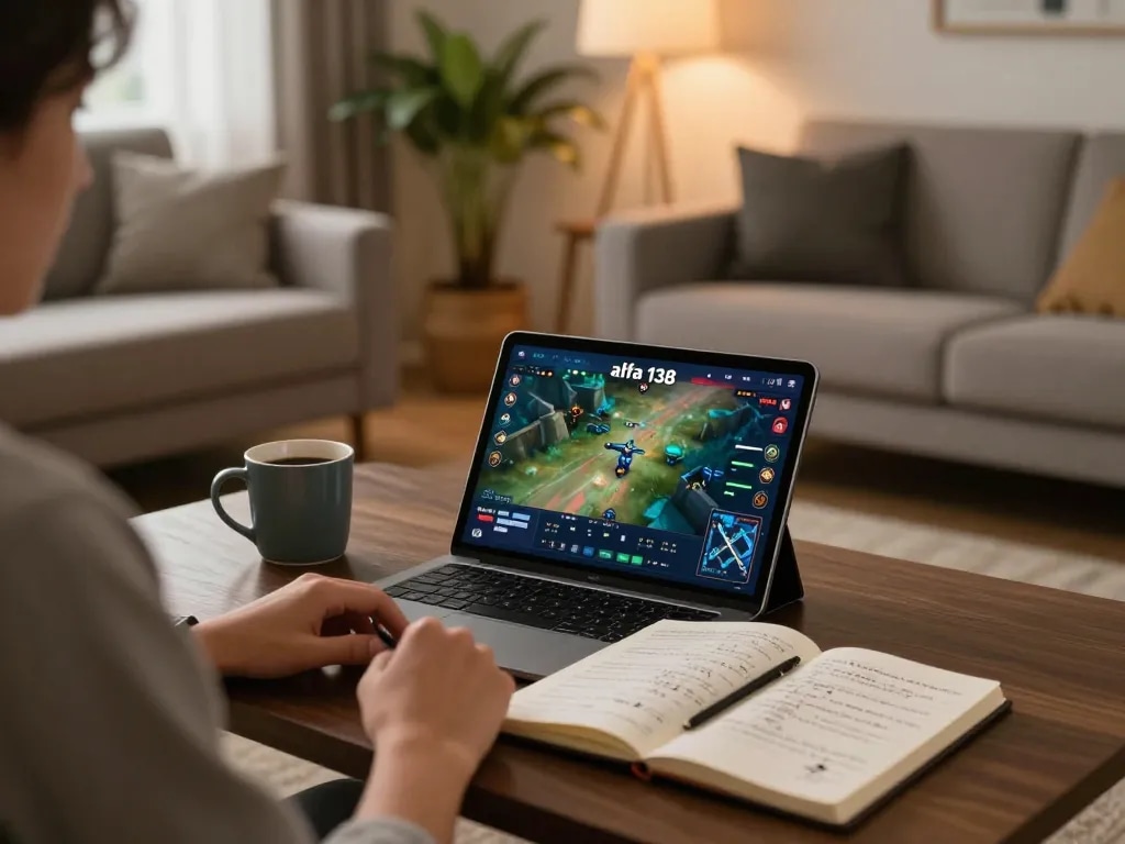 Pemain menikmati permainan online alpha 138 di tablet dengan catatan strategis dan suasana yang nyaman