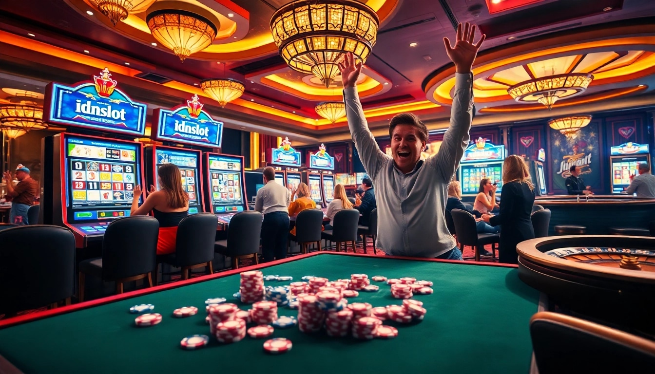 Idnslot gaming experience with vibrant slot machines and celebrating winners at a luxurious casino.