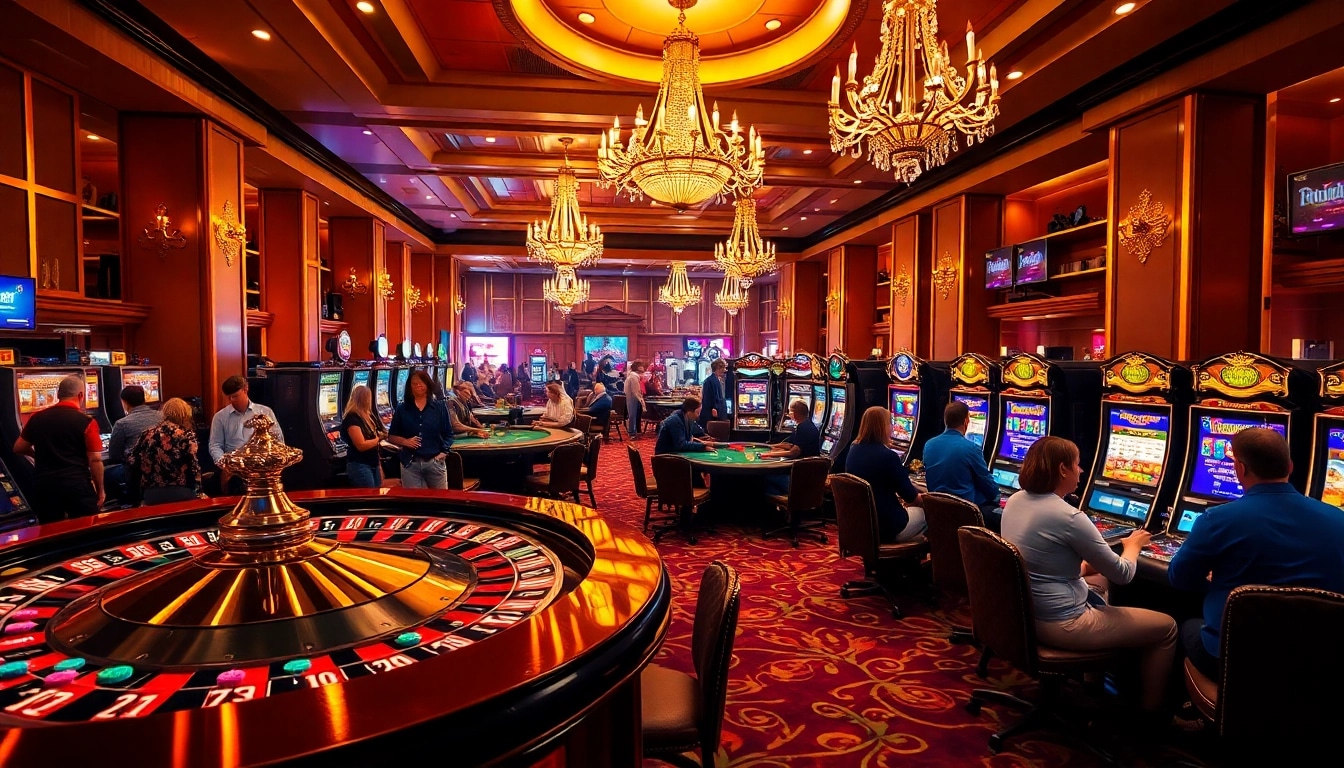 A thrilling casino scene featuring roulette, blackjack, and slot machines at https://x88ni.com/, showcasing the excitement of gambling.