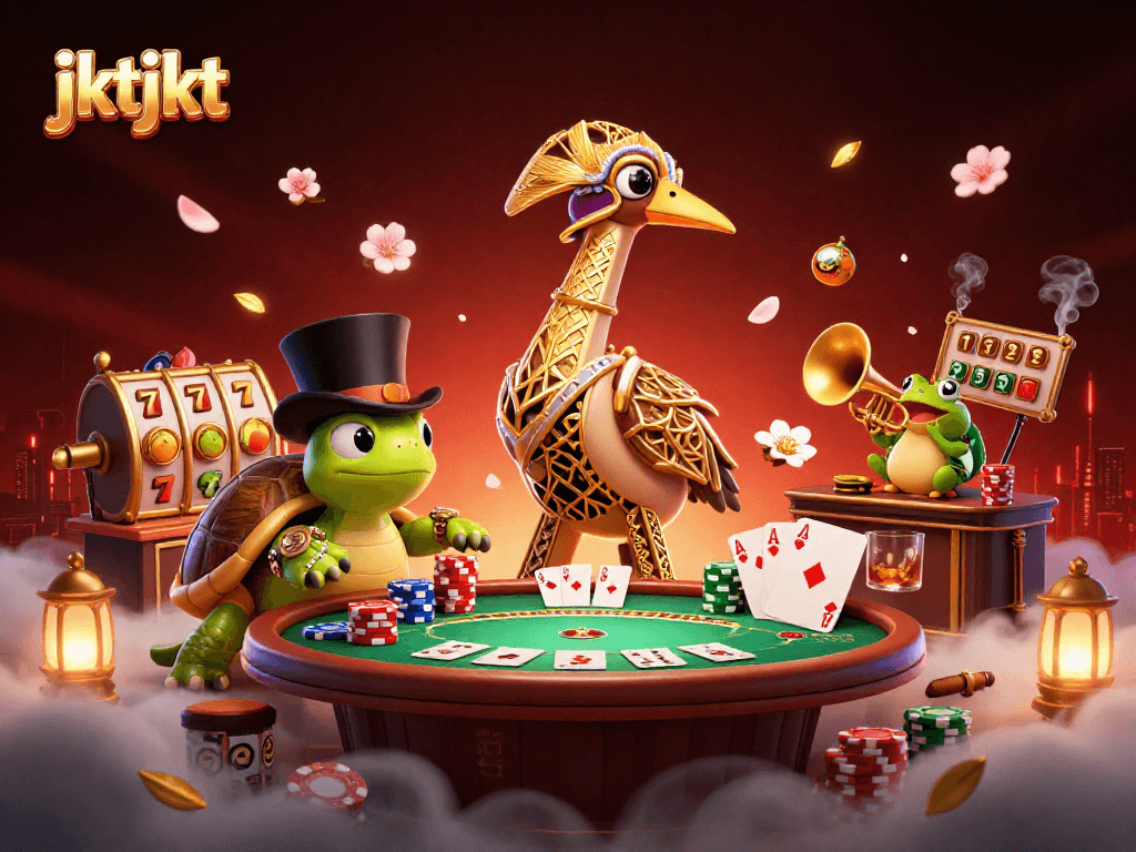 Menyaksikan suasana permainan di jktjkt dengan slot yang berwarna-warni dan karakter kartun unik yang ceria.