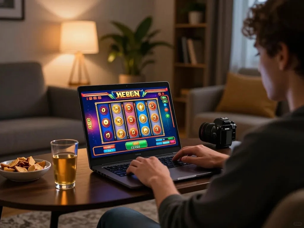 IDNSCORE user spinning reels on an online slot game from a cozy living room setup.
