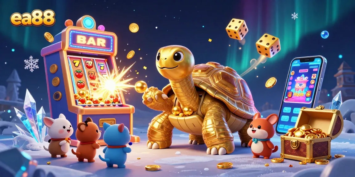 Engage with ea88's exciting gambling scene featuring a vibrant golden tortoise and dynamic slot machine.