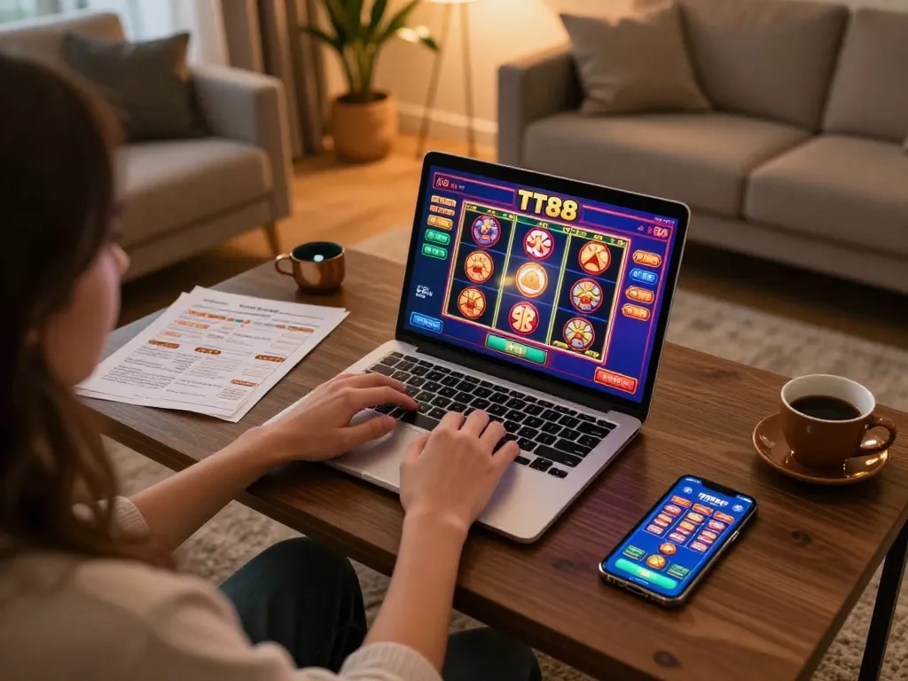TT88 online gaming setup with a player engaging in thrilling casino games at home, showcasing a vibrant screen and a relaxed atmosphere.