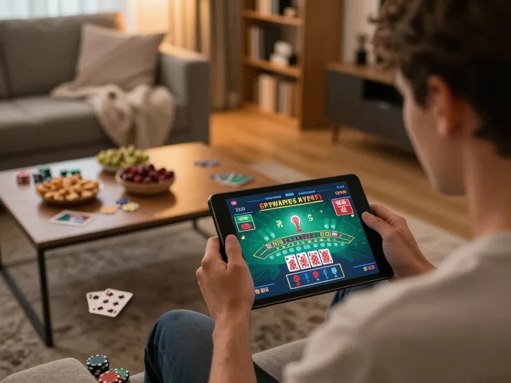 Engaged user on https://Zbetat.com/ enjoying a live blackjack game on a tablet in a cozy home setting.
