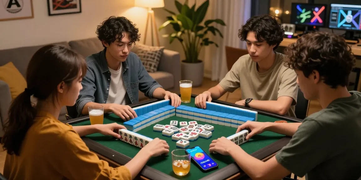 Friends playing Mahjong with CIKA4D app visible, enjoying a gaming night.