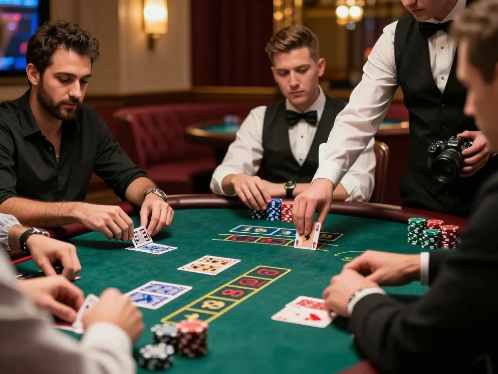LIGA2000 players strategizing bets at a dynamic blackjack table amidst vibrant casino lighting.