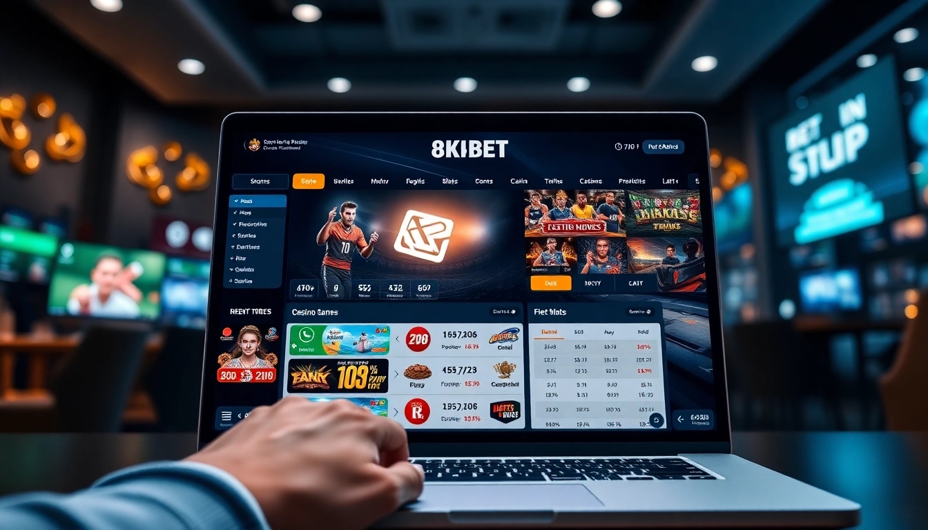 Explore the interactive features of 8KBET's online betting platform, highlighting sports and casino options.