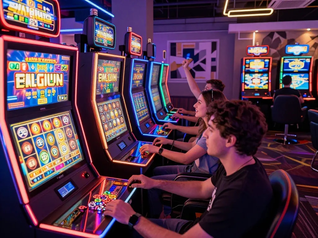 Suasana ruang permainan yang menarik dengan pemain menikmati mesin slot gacor di bawah lampu neon yang cerah.