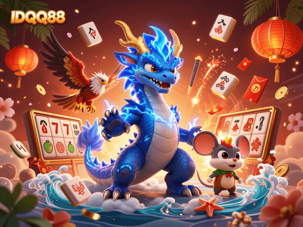 Playing games at IDQQ88 with dragon, hawk, and mouse mascot amidst vibrant casino elements.