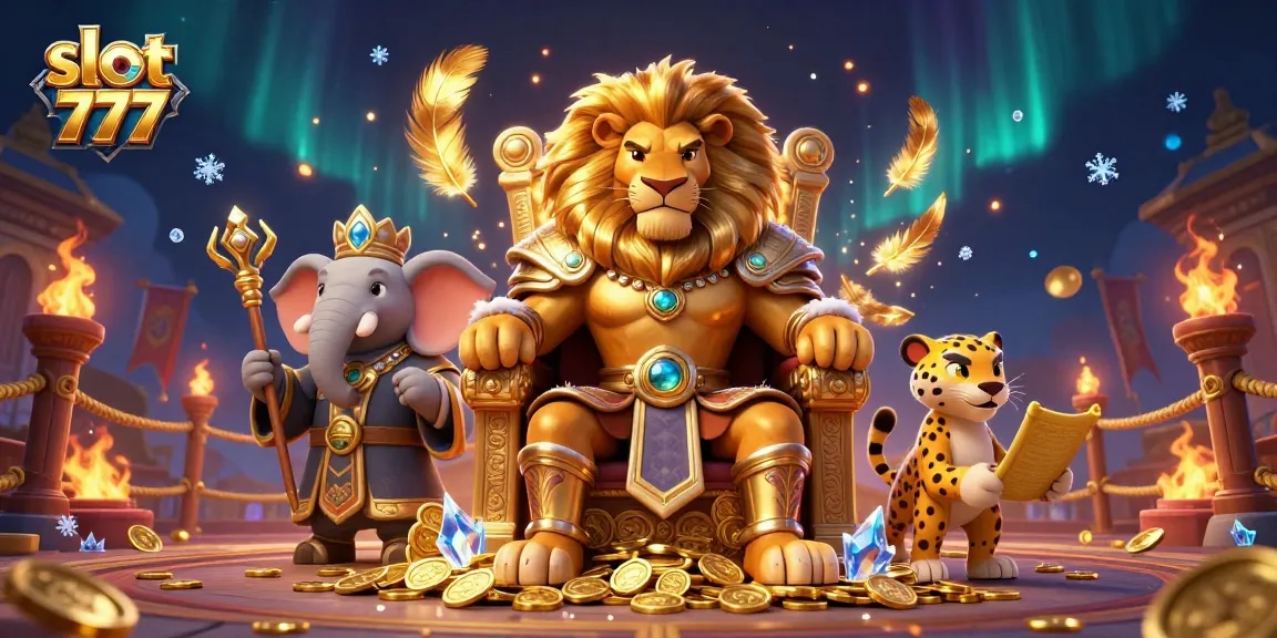 Engage with slot 777 action amidst roaring lion king, golden throne, and dynamic gambling elements.