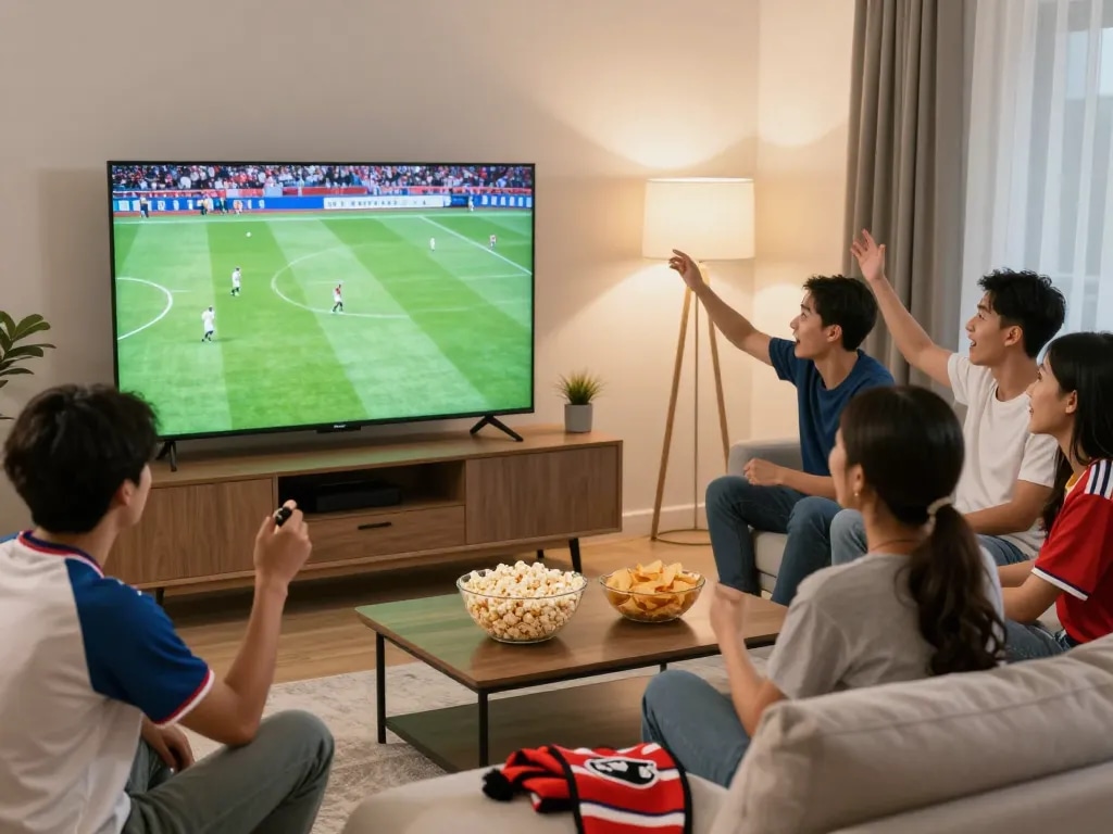 Cà Khịa football fans enjoying a live match in a cozy living room